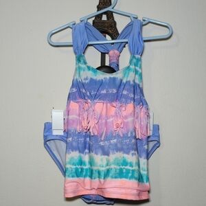Cat & Jack Two-Piece Swimsuit Tie-Dye Tankini with Fringe Girls Size M 7-8